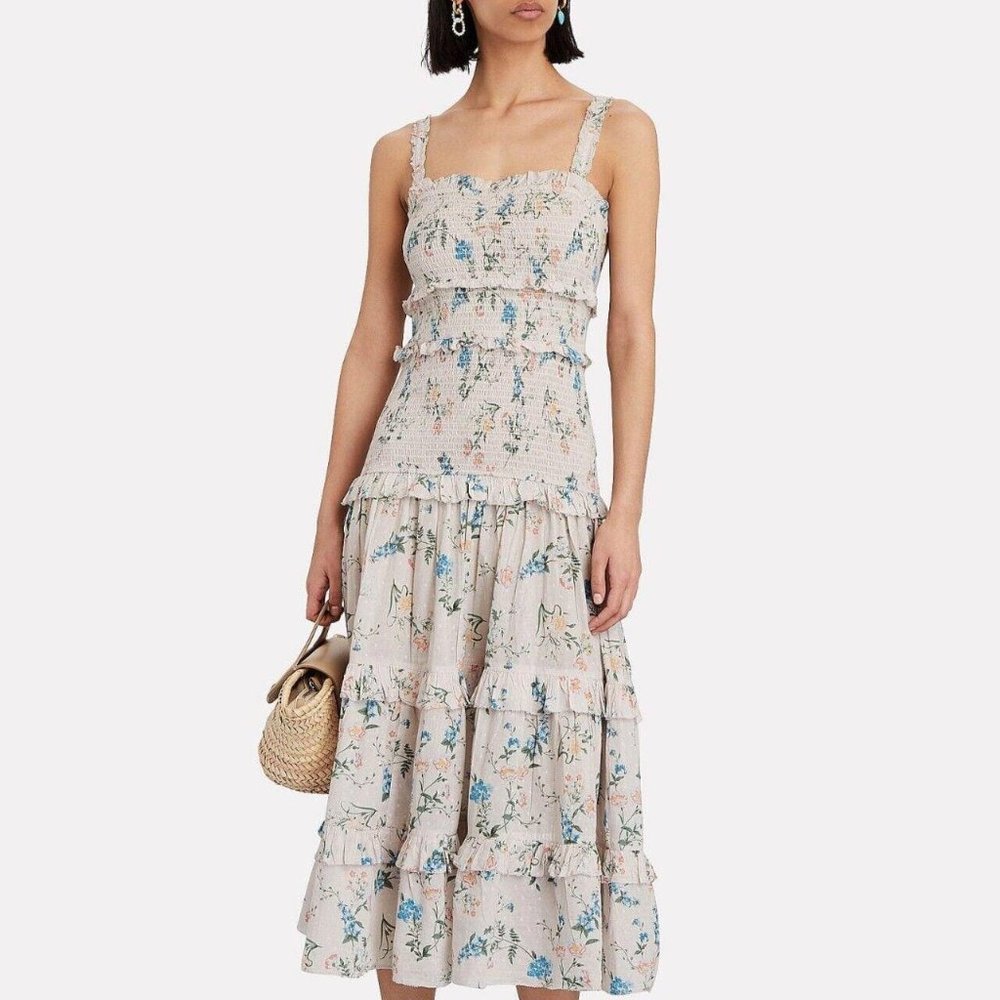Saylor Altea Smocked Floral Printed Cotton Midi Dress Ruffle Tiered S New